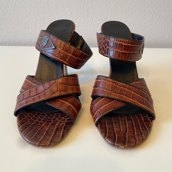 CELINE Brown Croc Print Leather High Heel Sandals SZ 39C - Picture 1 of 15